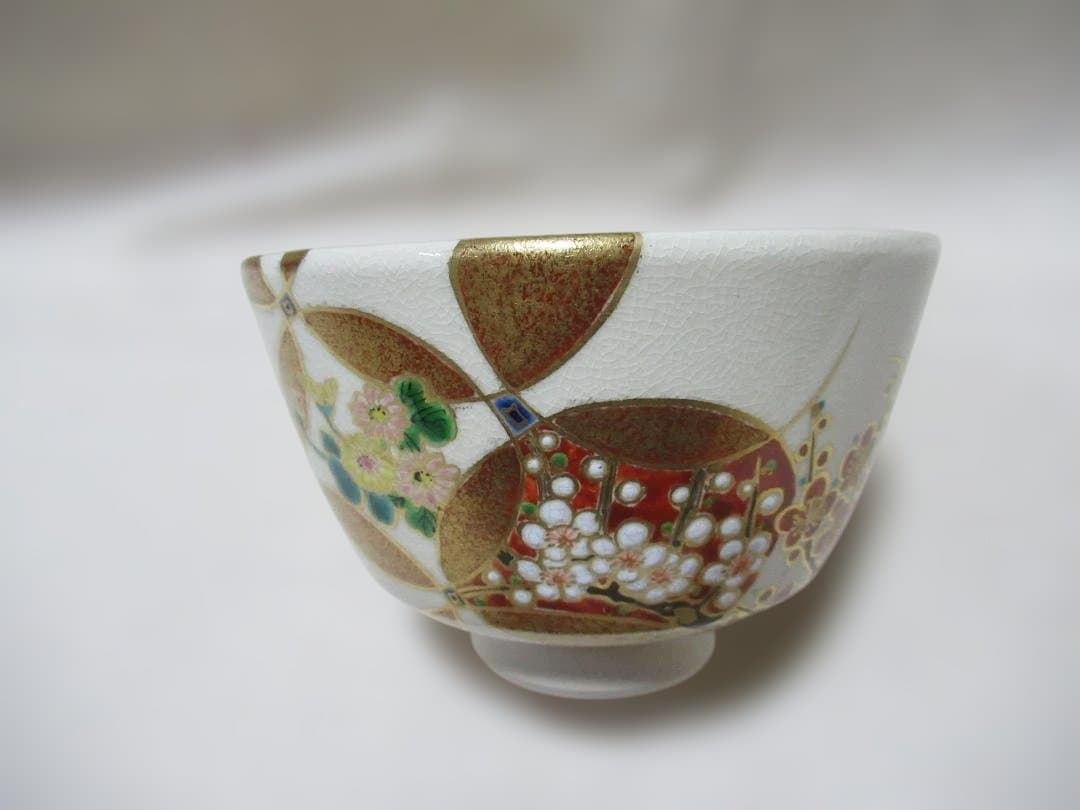京焼　山川巌造　茶碗　破七宝四君子絵　共箱