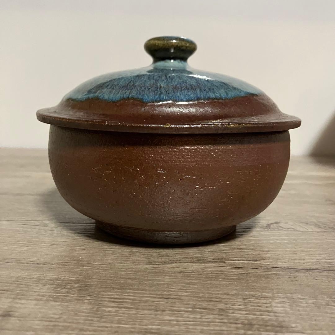 D-4 【趣のある一品】和食器 蓋付き 菓子器 菓子鉢 釉薬 瑠璃色/茶 陶器