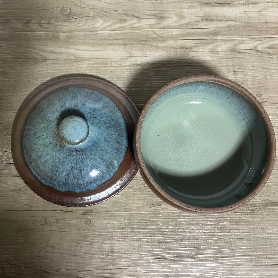 D-4 【趣のある一品】和食器 蓋付き 菓子器 菓子鉢 釉薬 瑠璃色/茶 陶器
