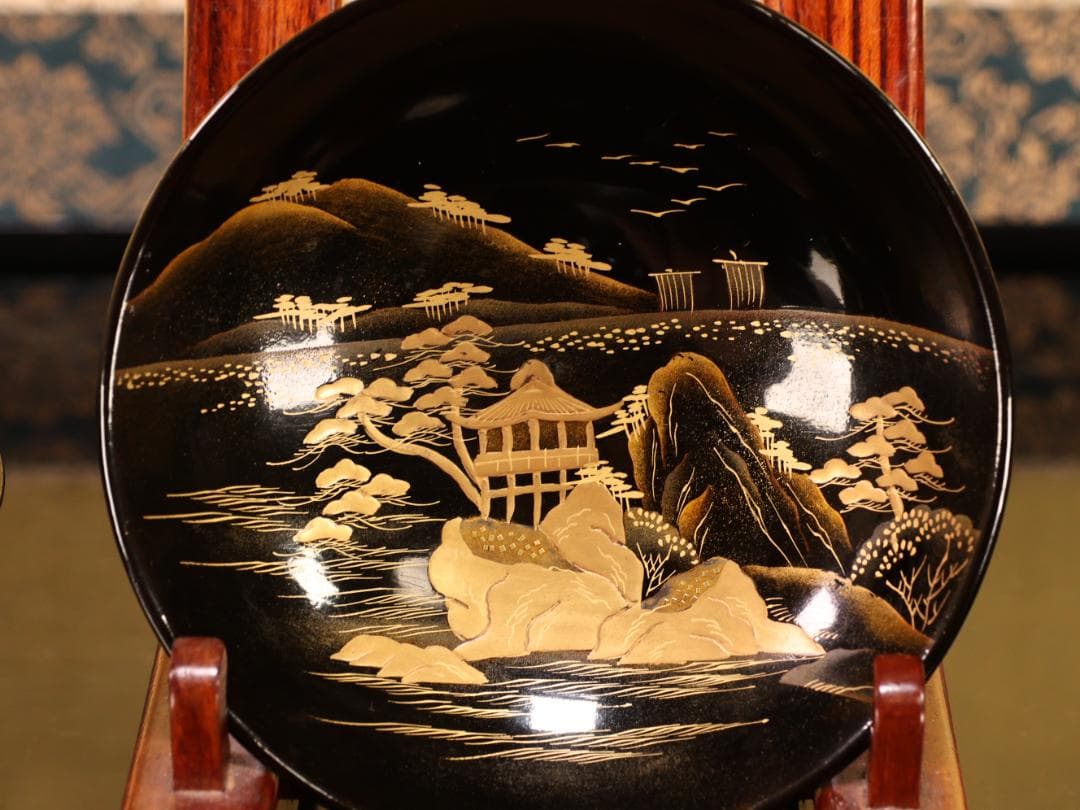 BK529　時代輪島塗　日本名所蒔絵　槻木地溜塗　吸物椀　絵違い　拾客　欅　共箱