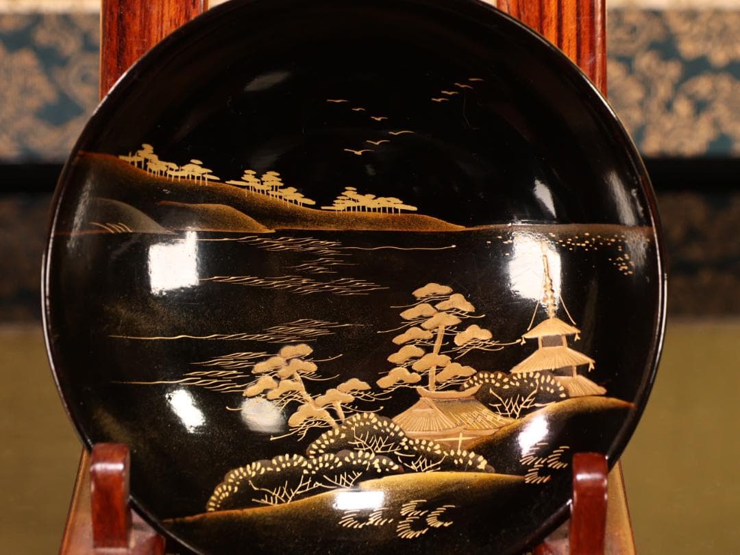 BK529　時代輪島塗　日本名所蒔絵　槻木地溜塗　吸物椀　絵違い　拾客　欅　共箱