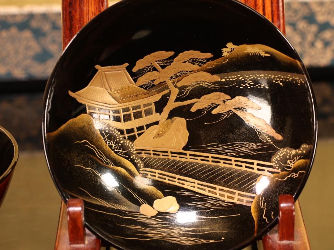 BK529　時代輪島塗　日本名所蒔絵　槻木地溜塗　吸物椀　絵違い　拾客　欅　共箱