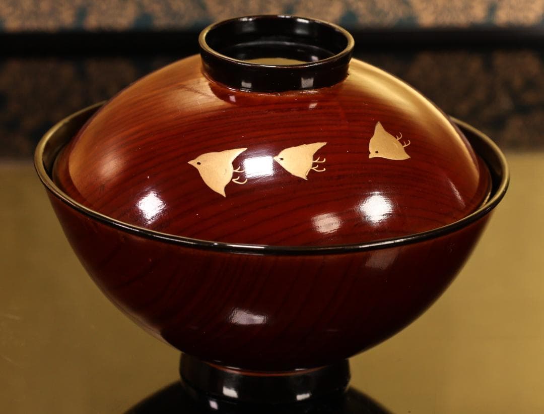 BK529　時代輪島塗　日本名所蒔絵　槻木地溜塗　吸物椀　絵違い　拾客　欅　共箱