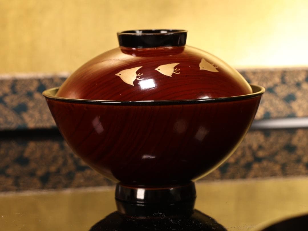 BK529　時代輪島塗　日本名所蒔絵　槻木地溜塗　吸物椀　絵違い　拾客　欅　共箱