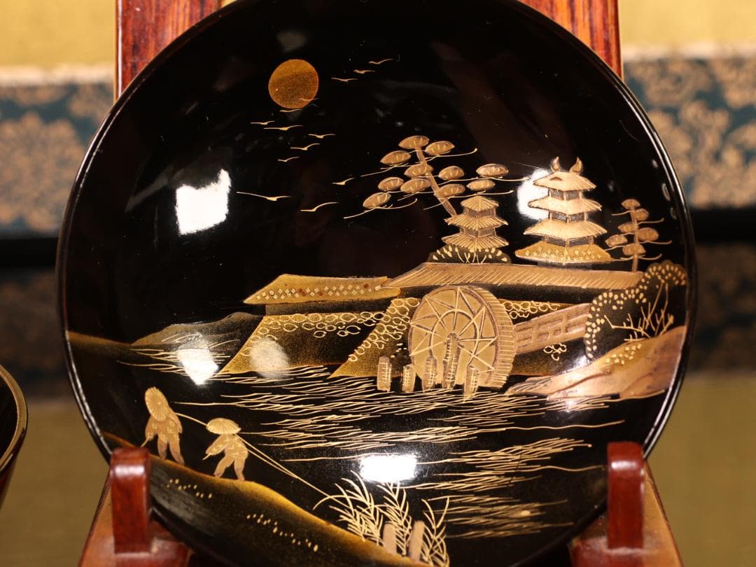 BK529　時代輪島塗　日本名所蒔絵　槻木地溜塗　吸物椀　絵違い　拾客　欅　共箱