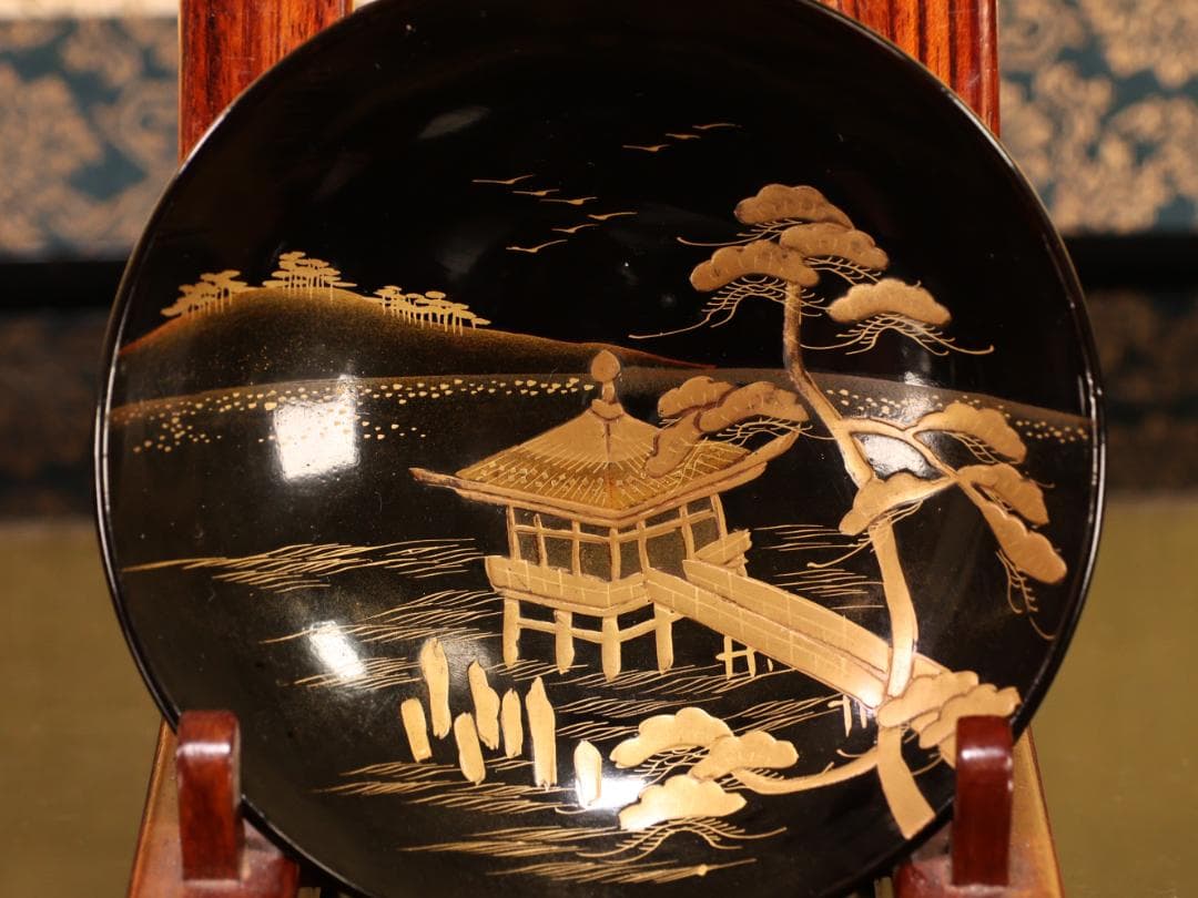 BK529　時代輪島塗　日本名所蒔絵　槻木地溜塗　吸物椀　絵違い　拾客　欅　共箱