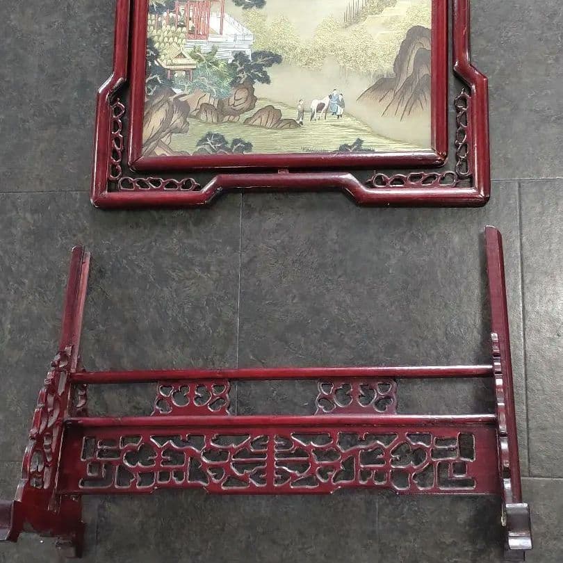 【古代中国 骨董品】刺繍 両面ガラス細工 唐木 装飾品 山村海画 完品