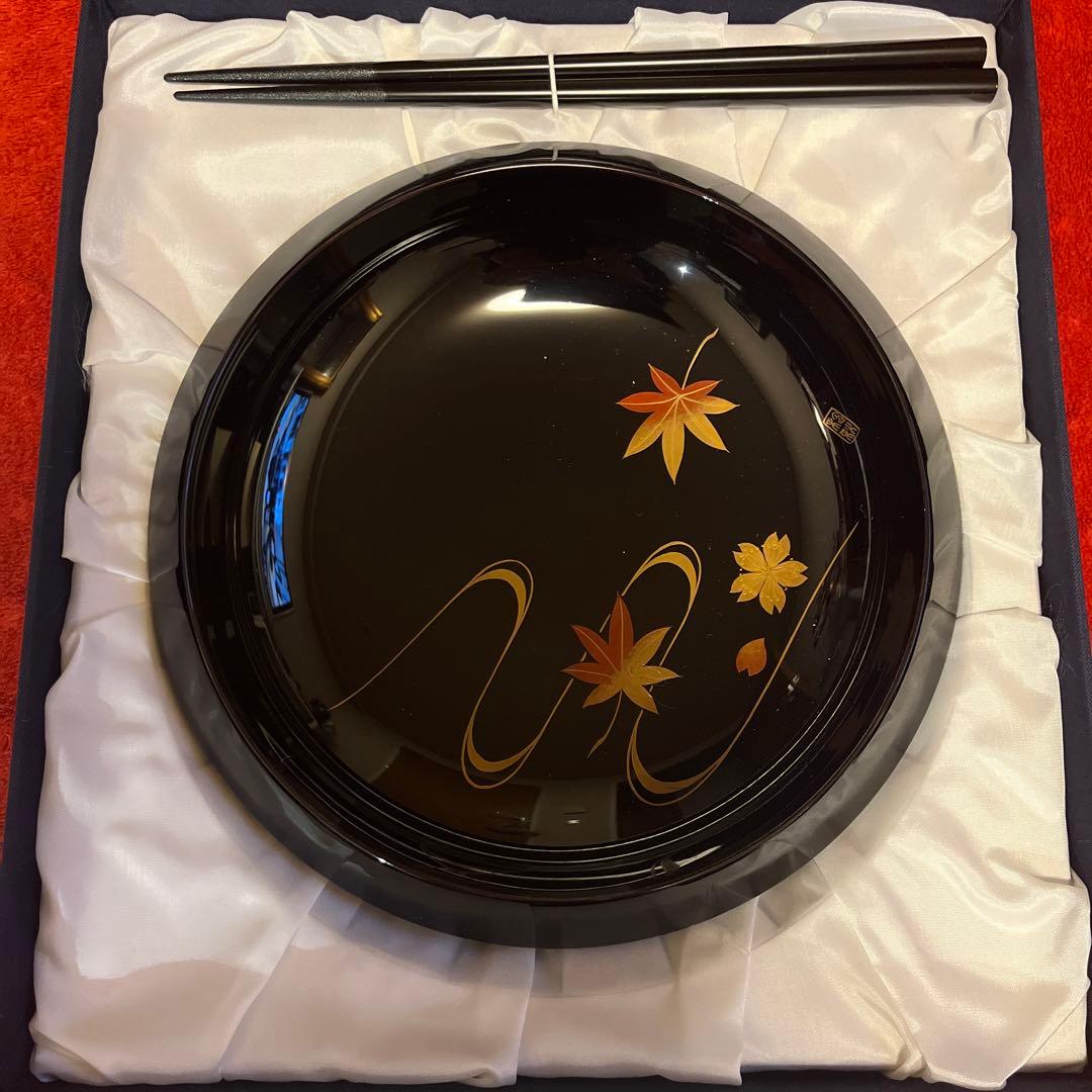 輪島塗 紅葉模様皿と箸セット
