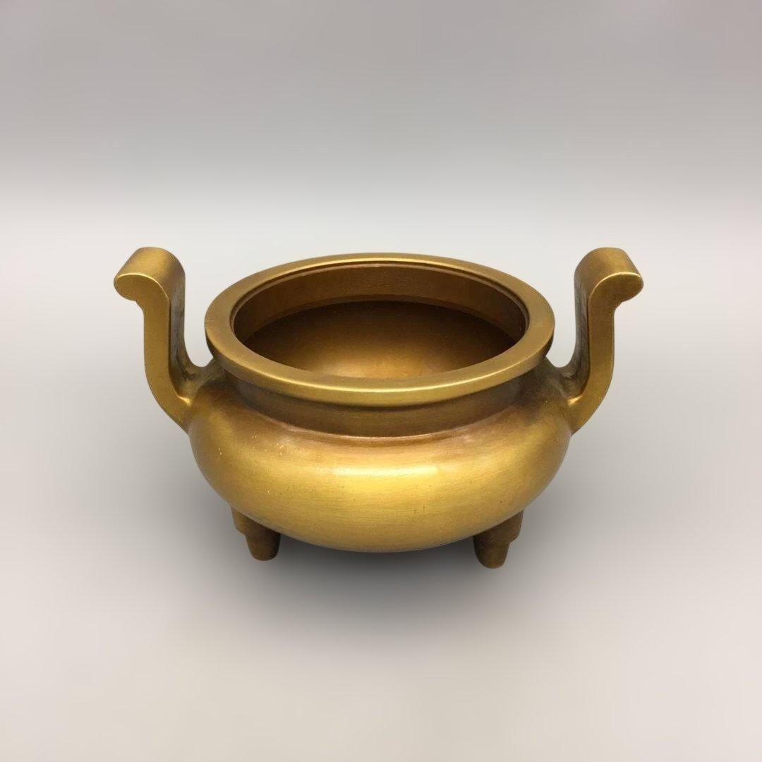 双耳 官帽 銅香炉 真鍮 三足 香道 供卓 復古 置物 工芸品 2持ち手 3脚