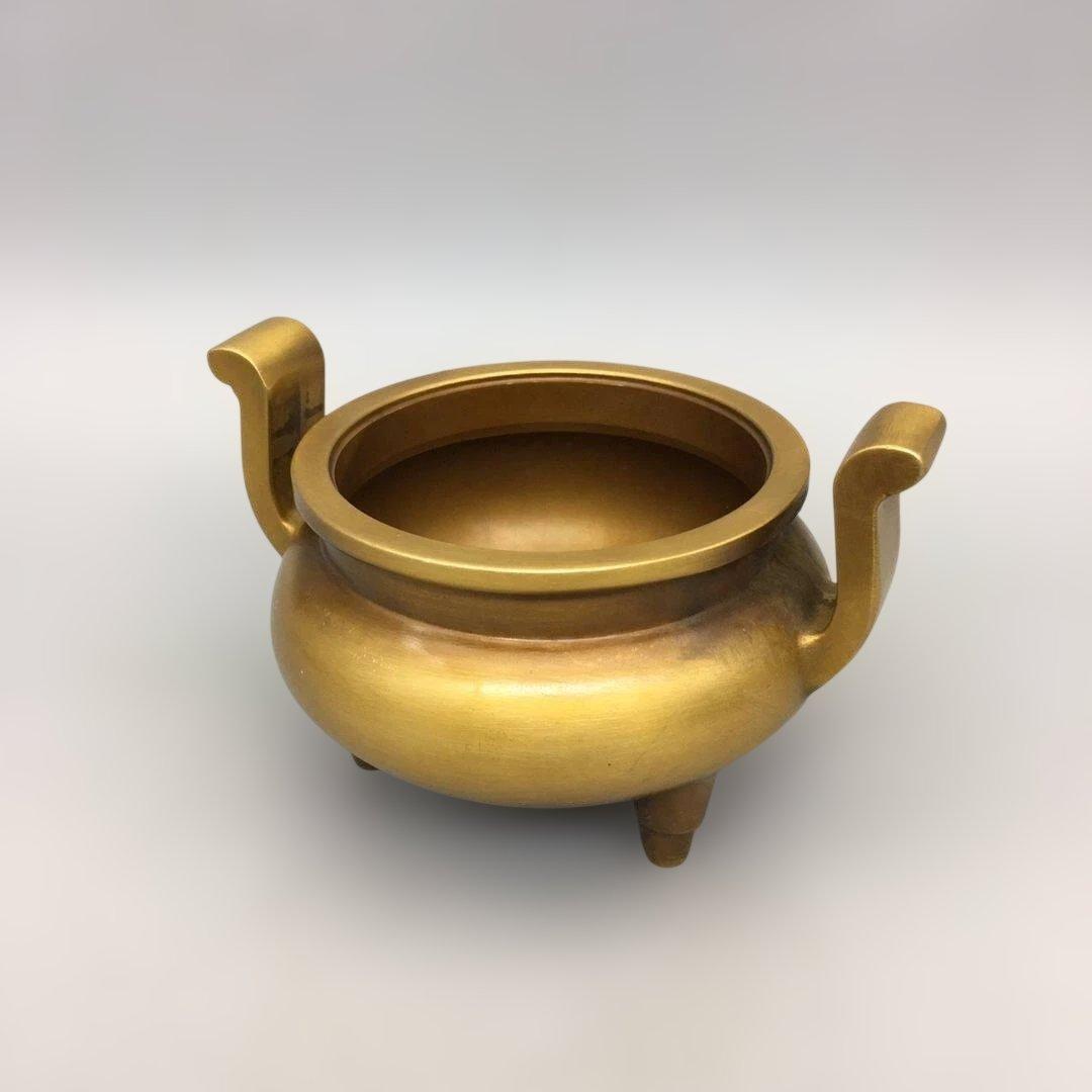 双耳 官帽 銅香炉 真鍮 三足 香道 供卓 復古 置物 工芸品 2持ち手 3脚
