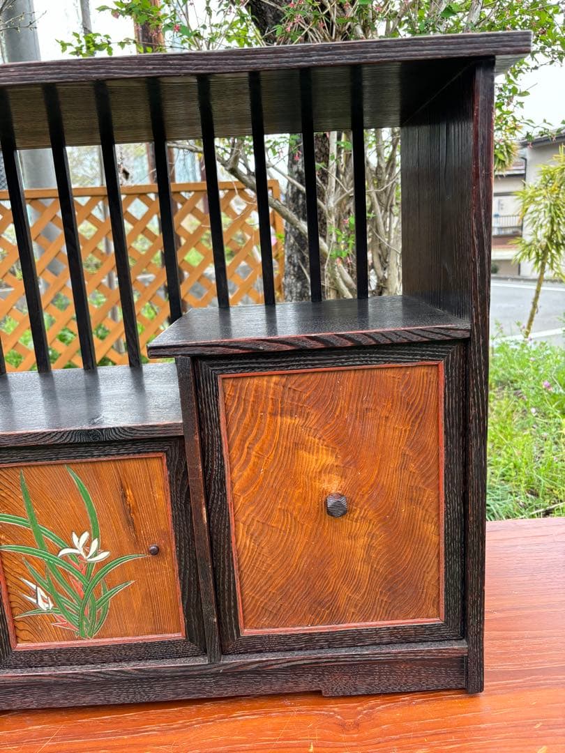 昭和レトロ　木製茶箪笥　茶棚　違い棚　飾り棚　茶室　和室　彫刻　格子