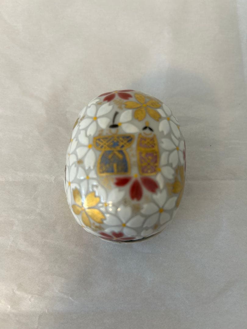 陶器製卵型香合 花柄 金彩 木箱付き