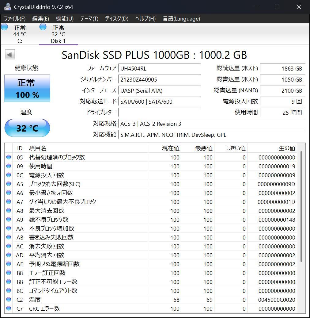 ⑨ほぼ未使用 SanDisk SSD 1000GB 1TB 2.5インチ