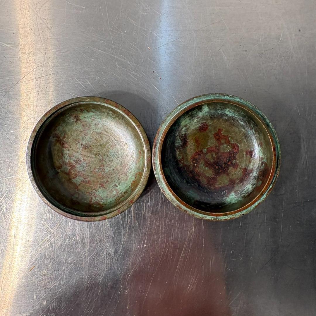 M●希少　高岡銅器　須賀月芳作　銅製香合　香炉　香立て　三友文