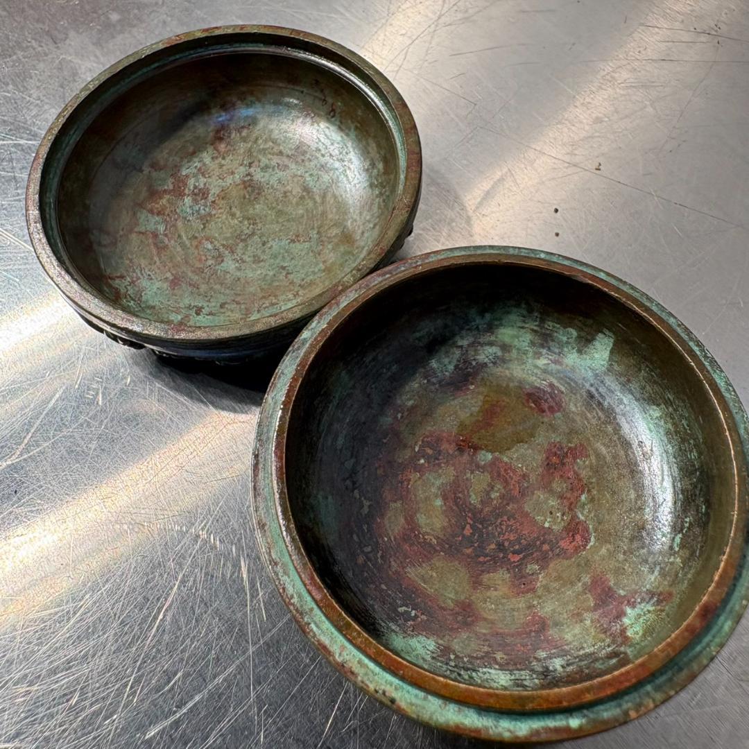 M●希少　高岡銅器　須賀月芳作　銅製香合　香炉　香立て　三友文