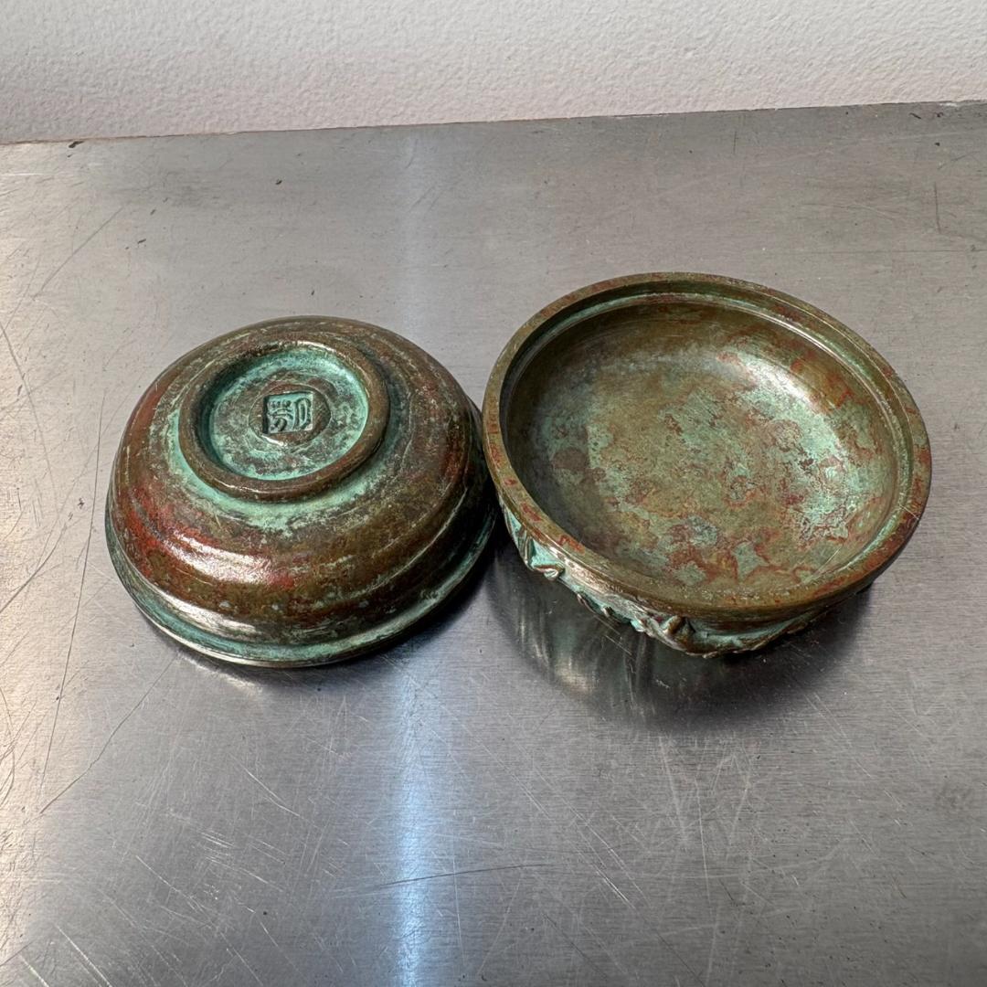 M●希少　高岡銅器　須賀月芳作　銅製香合　香炉　香立て　三友文