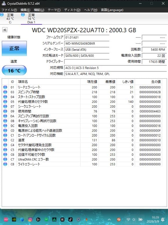 Western Digital WD20SPZX2TBHDD極めて少ない起動回数