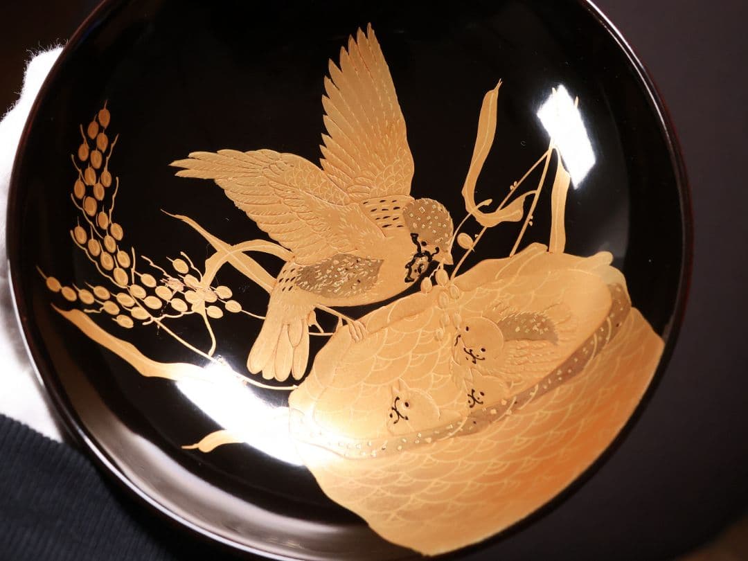 【CM459】天然木漆塗 親子雀と稲穂金蒔絵 黒椀 三客 大正昭和 漆芸 漆器