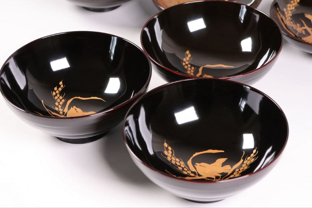 【CM459】天然木漆塗 親子雀と稲穂金蒔絵 黒椀 三客 大正昭和 漆芸 漆器