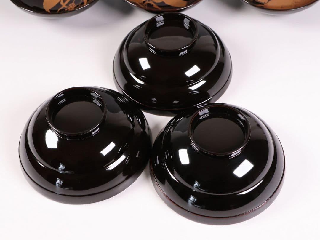 【CM459】天然木漆塗 親子雀と稲穂金蒔絵 黒椀 三客 大正昭和 漆芸 漆器
