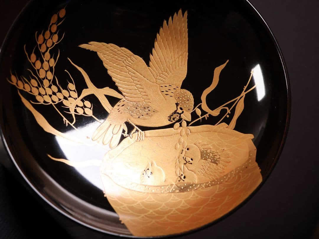 【CM459】天然木漆塗 親子雀と稲穂金蒔絵 黒椀 三客 大正昭和 漆芸 漆器