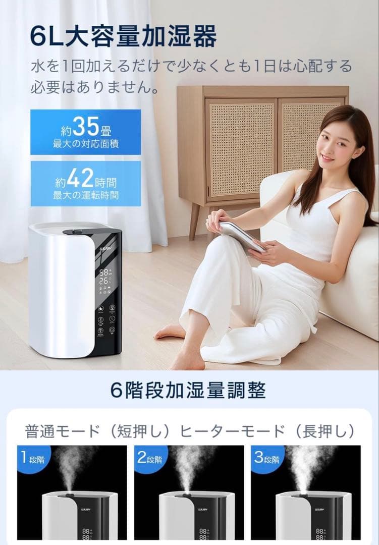 加湿器 大容量 5重除菌 加熱式 マイナスイオン 白 ホワイト 卓上 355