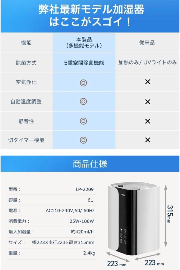 加湿器 大容量 5重除菌 加熱式 マイナスイオン 白 ホワイト 卓上 355