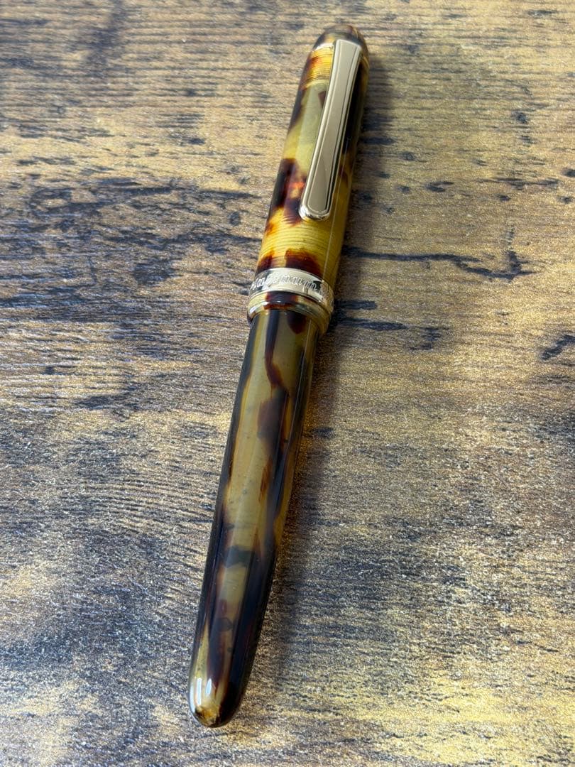 筆記確認&洗浄済　べっ甲柄　セルロイド　18K ゴールド　プラチナ　万年筆　M