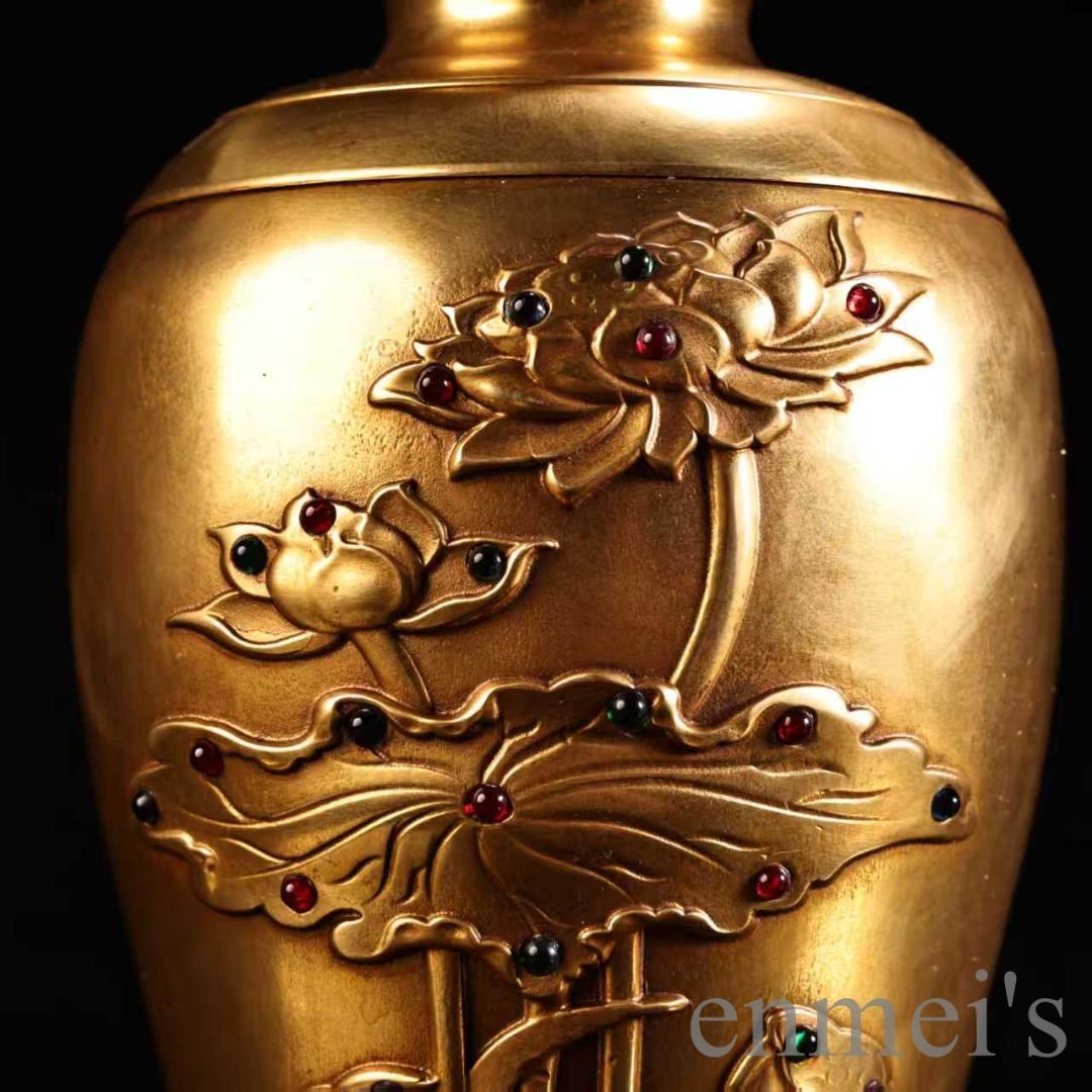 中国古美術 旧蔵『旧蔵珍品 純銅 全銅 高浮彫 鏨刻 鍍金花瓶』唐物 文房置物