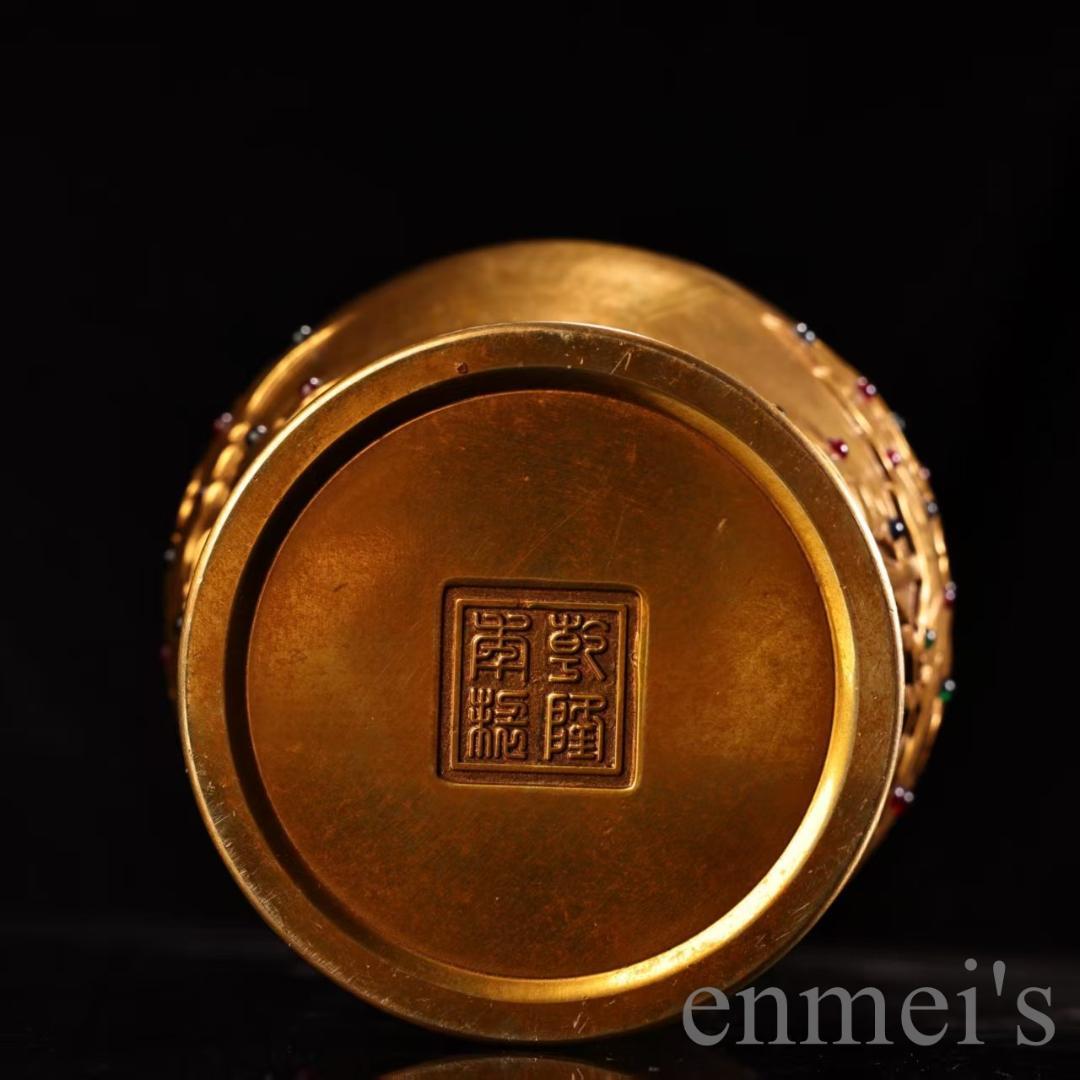 中国古美術 旧蔵『旧蔵珍品 純銅 全銅 高浮彫 鏨刻 鍍金花瓶』唐物 文房置物
