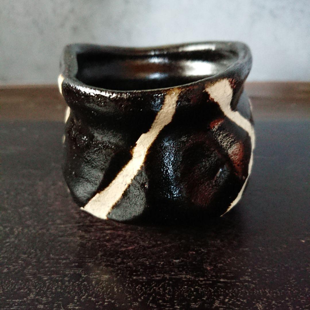 黒織部茶碗 沓形茶碗 クロス模様 未使用品