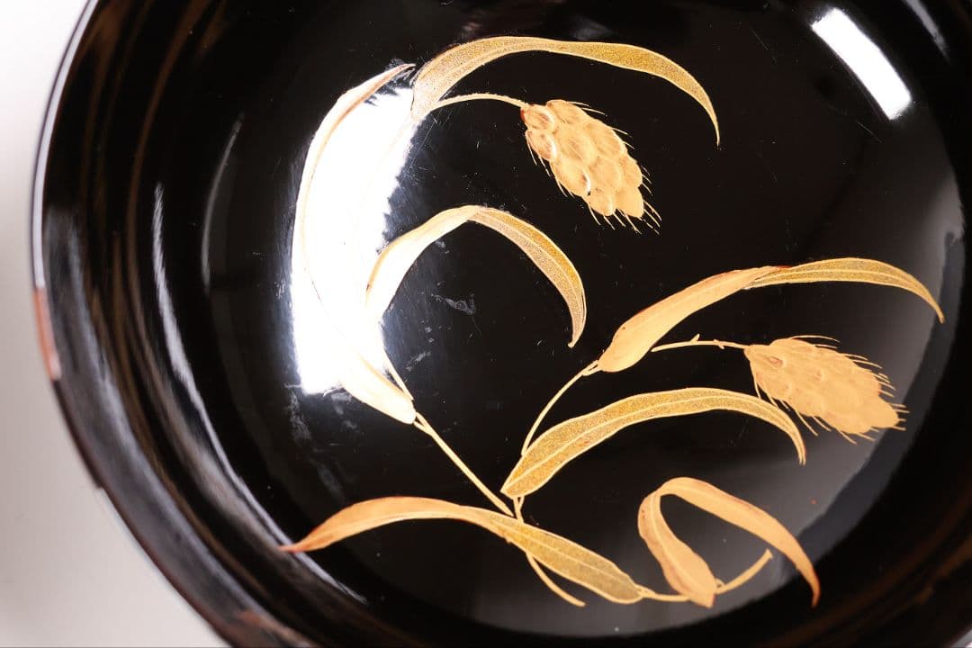 【CM441】輪島塗 天然木漆塗 粟穂鶉金蒔絵 黒塗椀 三客 鳥 漆芸 木製漆器