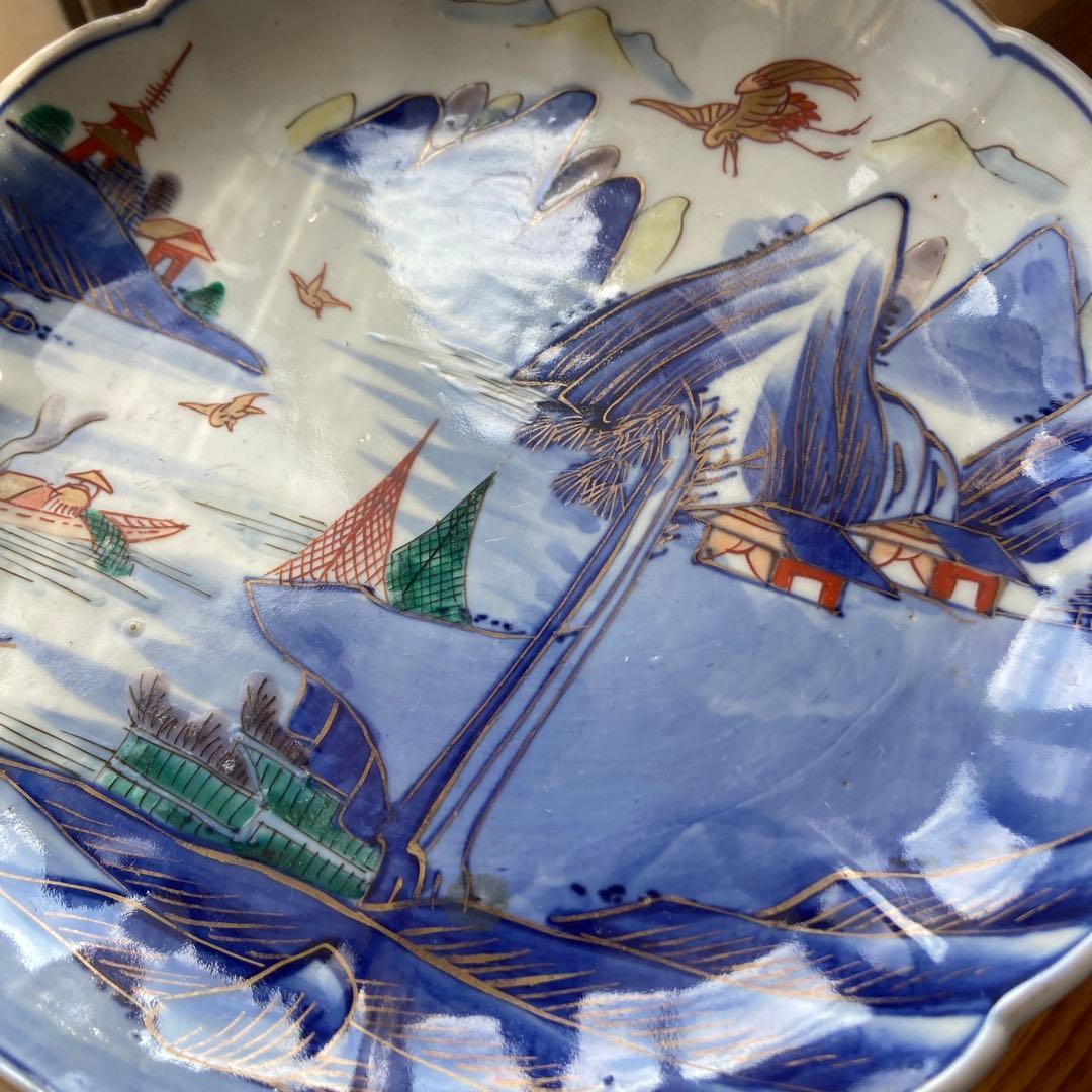 色絵古伊万里風景鳥の図中皿三客