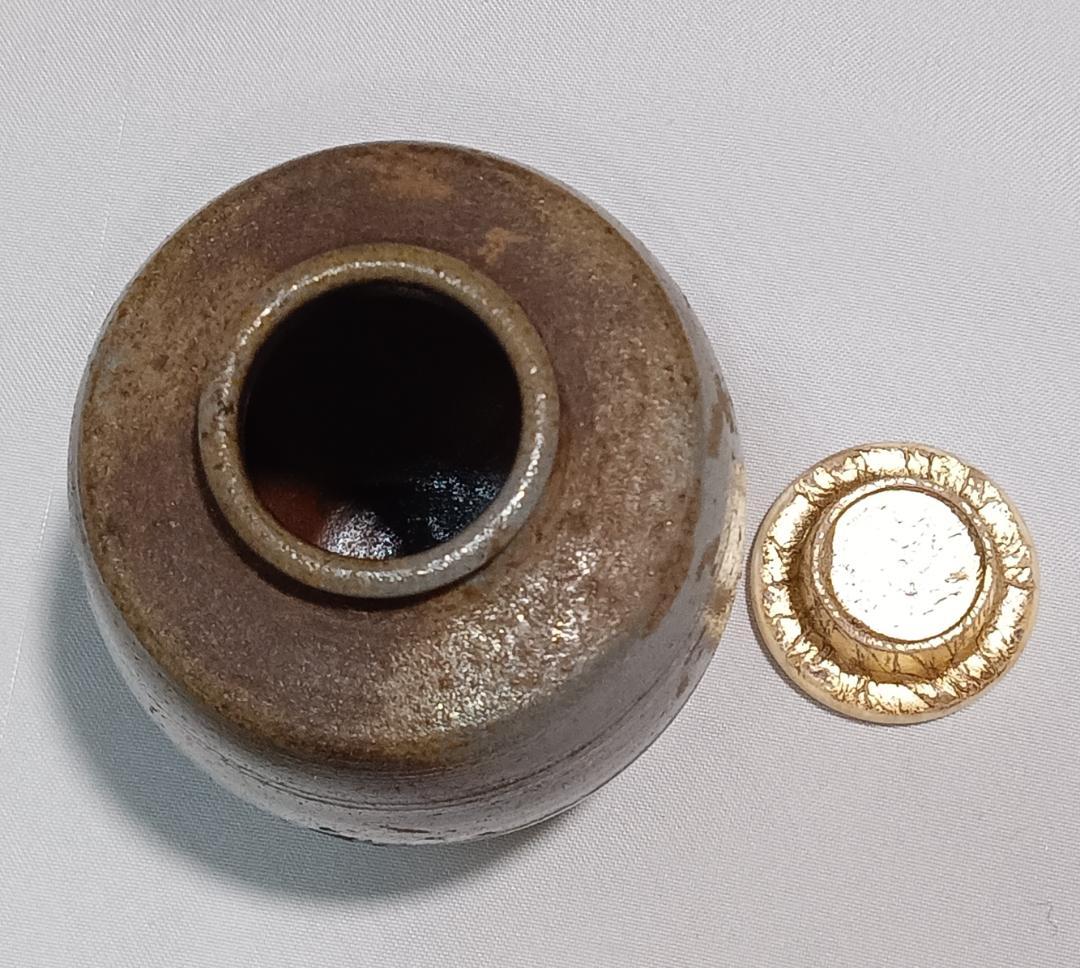 茶道具　備前焼茶入　木村陶峰作　備前桟切焼肩衝茶入　二重蔓牡丹唐草仕覆　美品！！