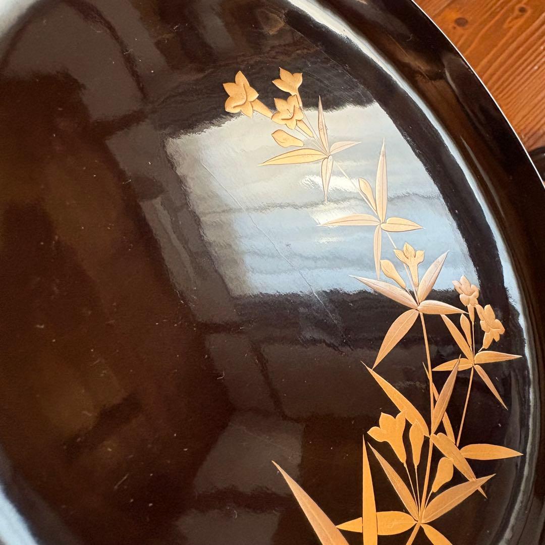 全31客図替り 天然木製漆器 黒塗 草花蒔絵 6寸 木皿 菓子盆 木箱付