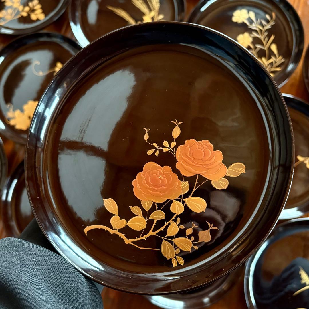 全31客図替り 天然木製漆器 黒塗 草花蒔絵 6寸 木皿 菓子盆 木箱付