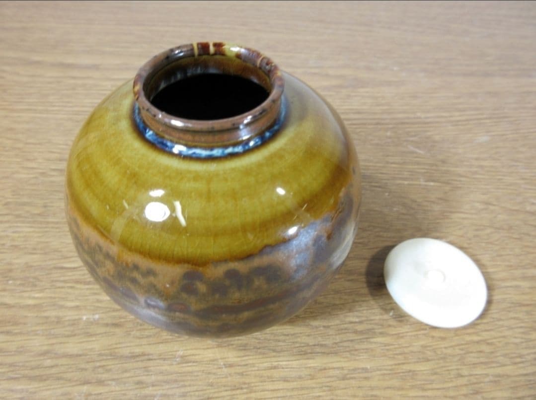 真作保証 12代 高取八山 自作 高取茶入 三色荒磯緞子 コレクター放出品 福岡