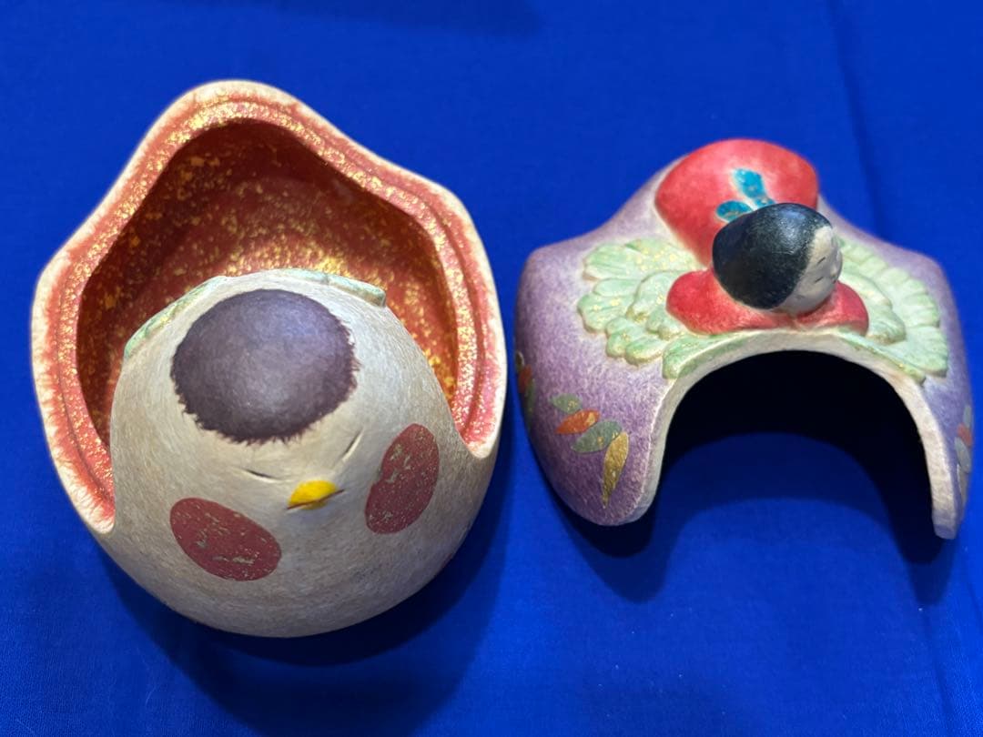 福来雀夢小筥　和紙貼彩色　小物工芸品 木箱付き　美品　創作人形　和風インテリア
