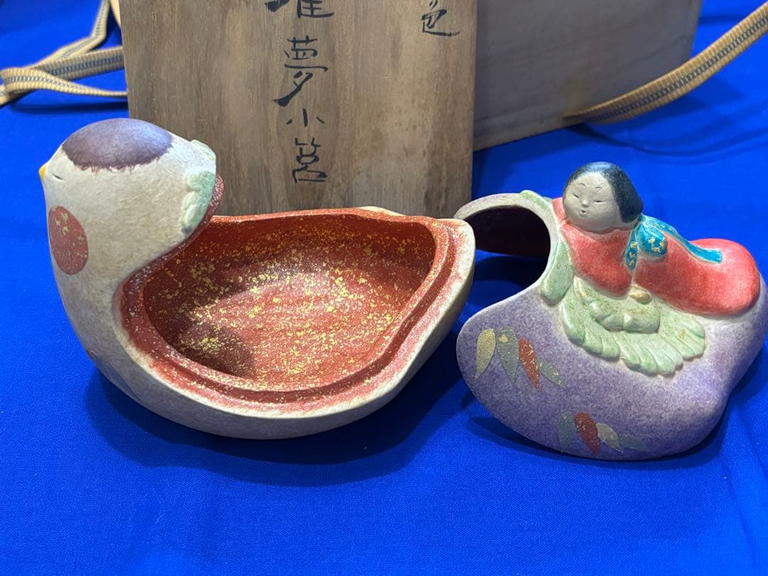 福来雀夢小筥　和紙貼彩色　小物工芸品 木箱付き　美品　創作人形　和風インテリア