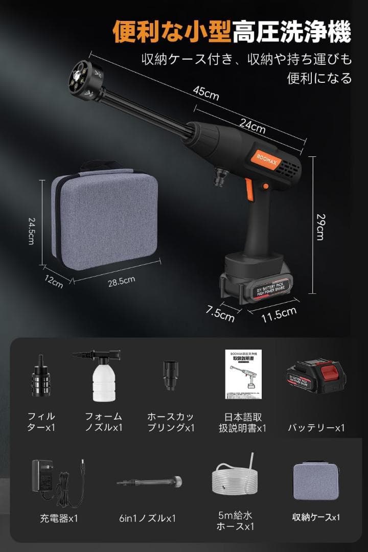 高圧洗浄機 コードレス 充電式 10MPa圧力 30000mAh 最大噴射距離