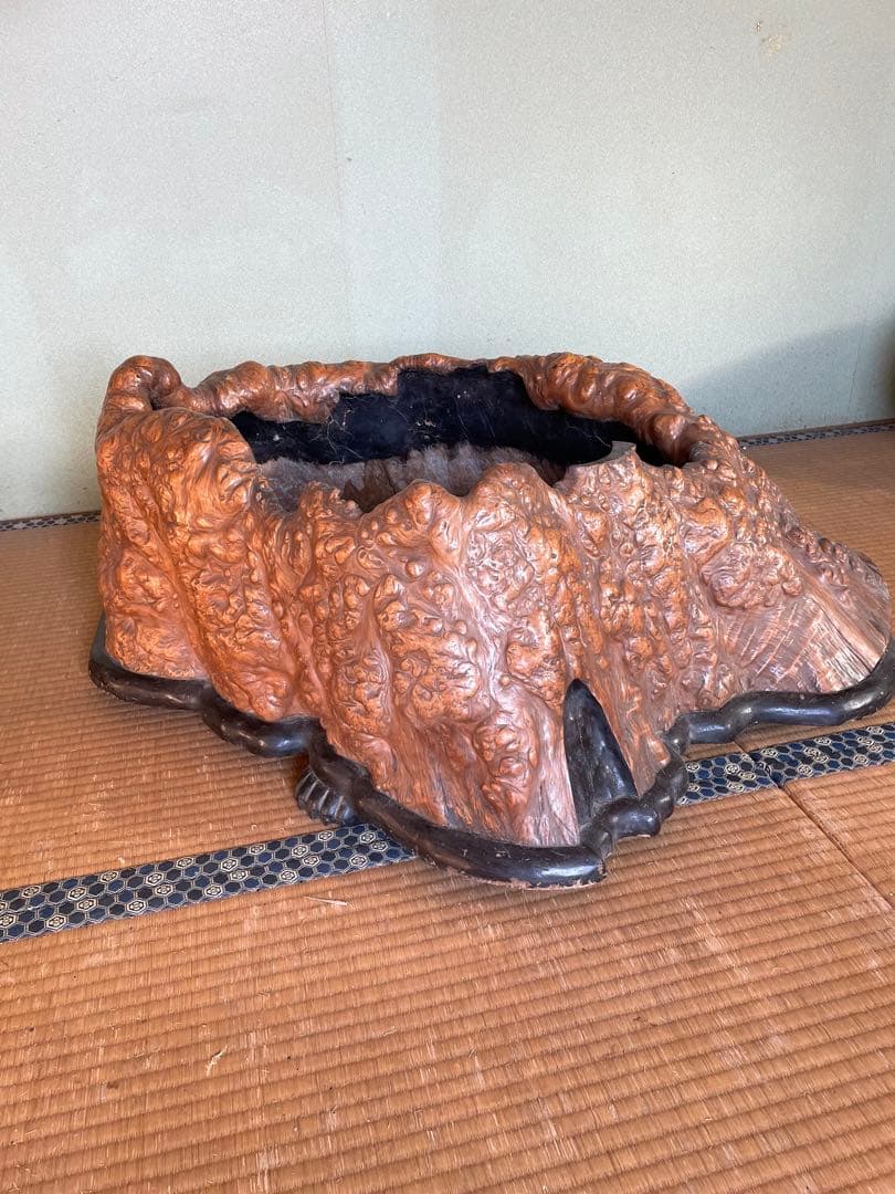 時代　特大　切り株火鉢　亀細工　天然杢　くり抜き
