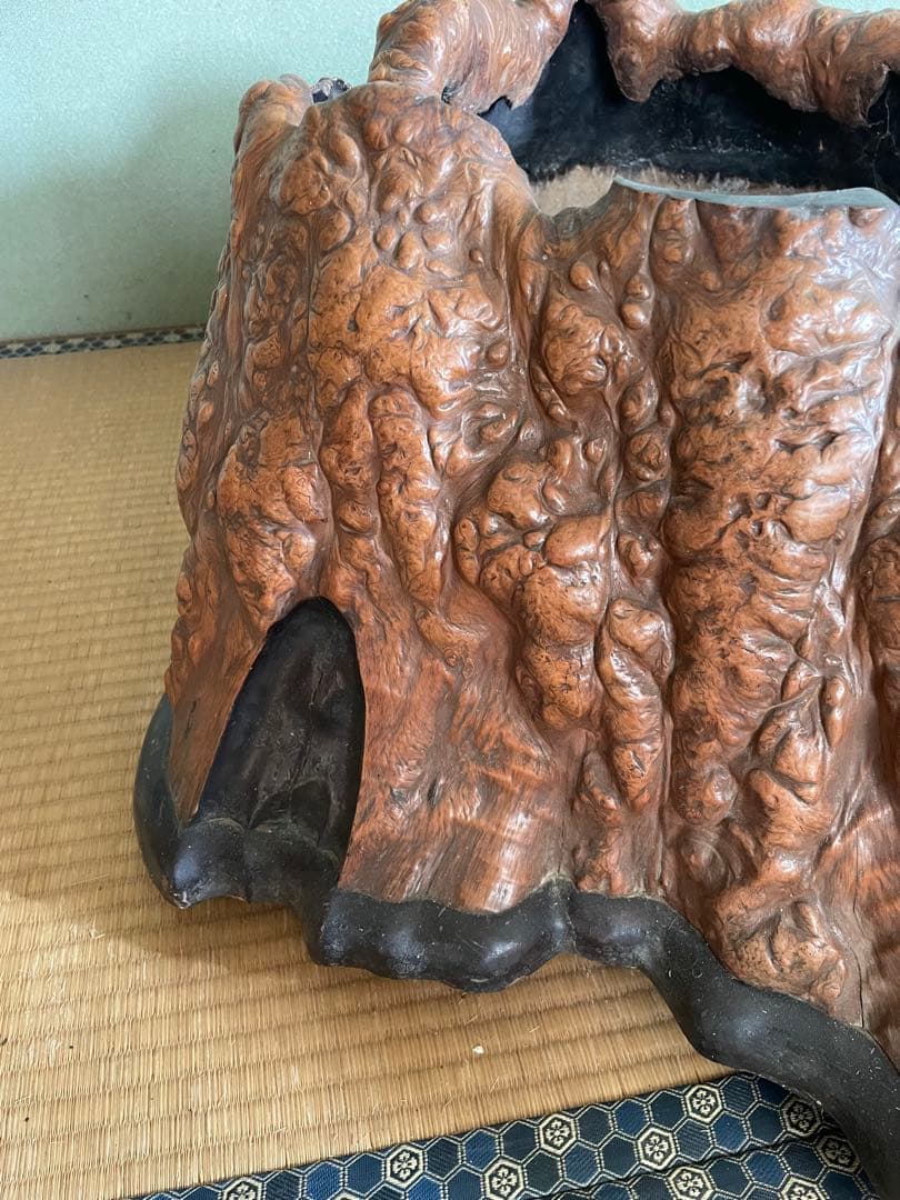 時代　特大　切り株火鉢　亀細工　天然杢　くり抜き