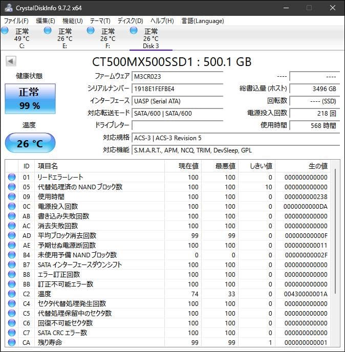 【使用568時間】Crucial MX500 SSD 500GB 正常99%