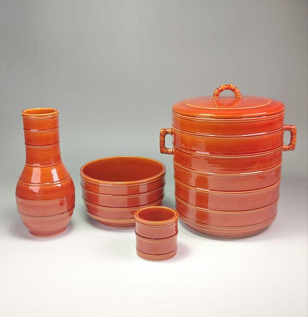 ウ336 皆具『山本一如』『赤茶交趾　竹　皆具　共箱』茶道具　水指健水　蓋置杓立