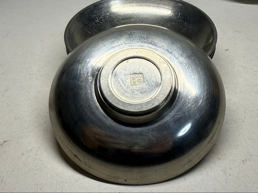 煎茶道具 本錫製「盛源堂造」円式茶托五客 中古品