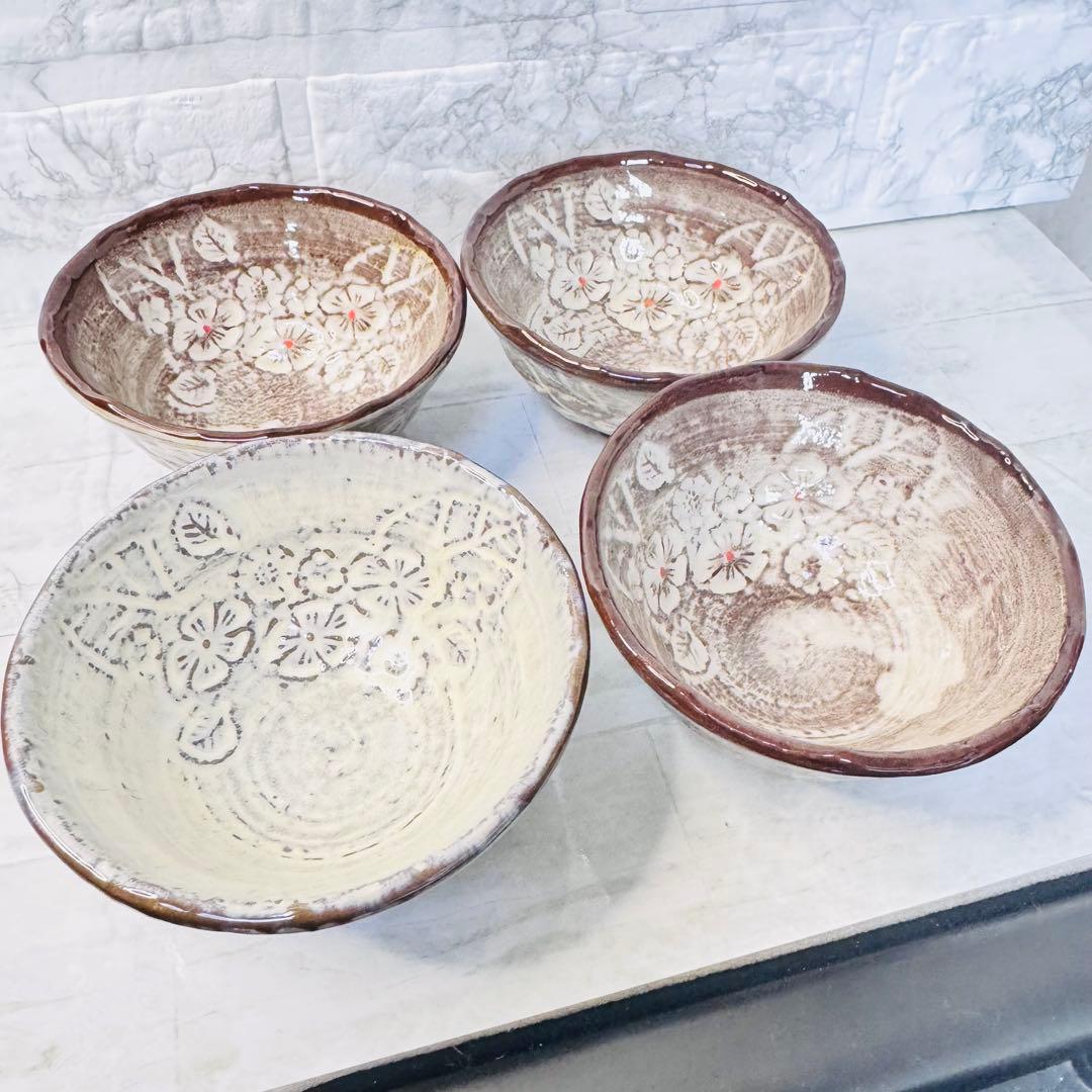 新品 萩焼 抹茶碗 4個セット 白萩 割高台 茶道具 貫入 陶器 伝統工芸