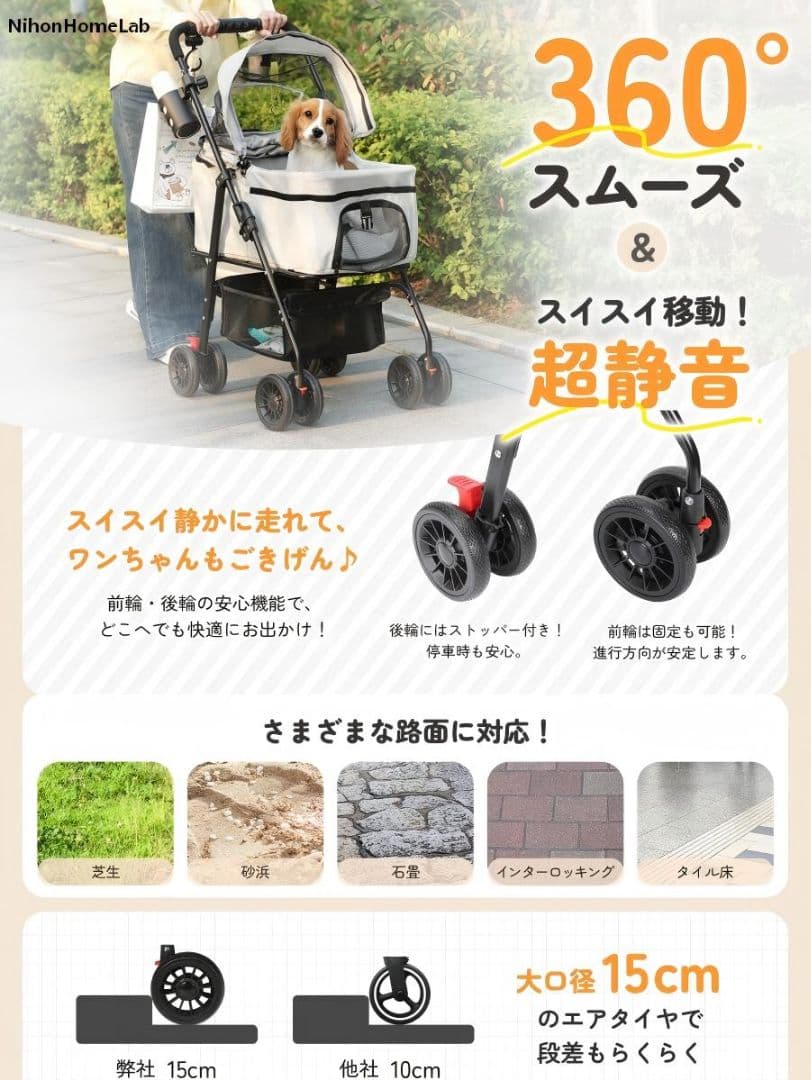 分離式3WAYペットカート20kg：多頭犬猫対応、便利な収納付グレー