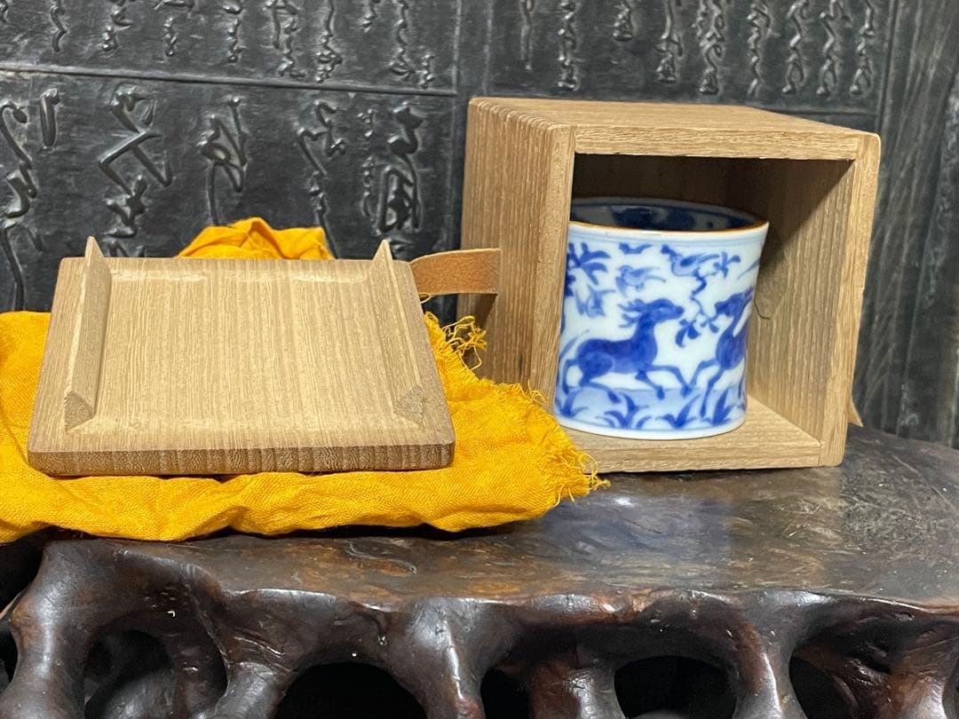 永楽 染付鹿鶴図 竹節形 蓋置 共箱 茶道具 高4.7cm