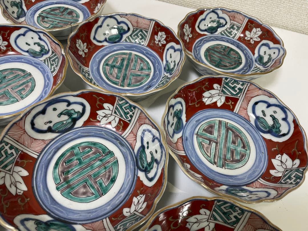 【現状品】古伊万里 錦手 色絵 菓子器 皿 アンティーク 時代物 9客 ②