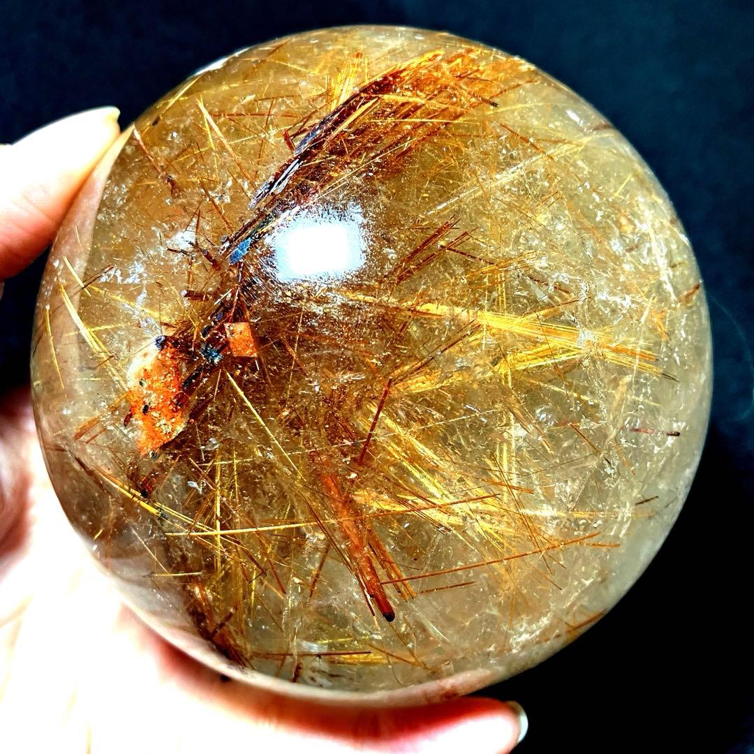 超特大　95mm ゴールドルチルクォーツ　丸玉スフィア　金針水晶
